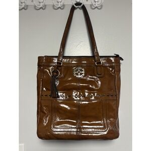 Vtg Brighton Patent Leather Brown Hand Bag Purse Tote Medium Tassel Charm